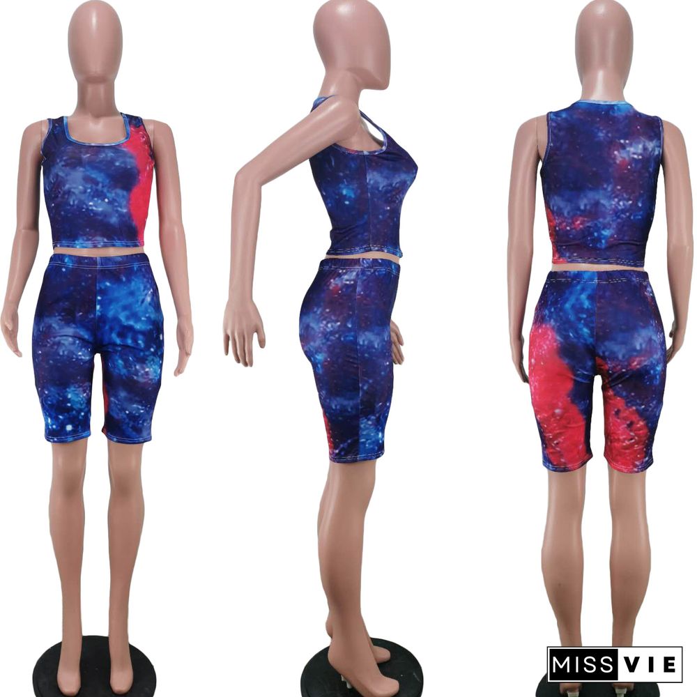 Casual Tie-Dye Printed Sport Vest and Shorts Two-piece Set