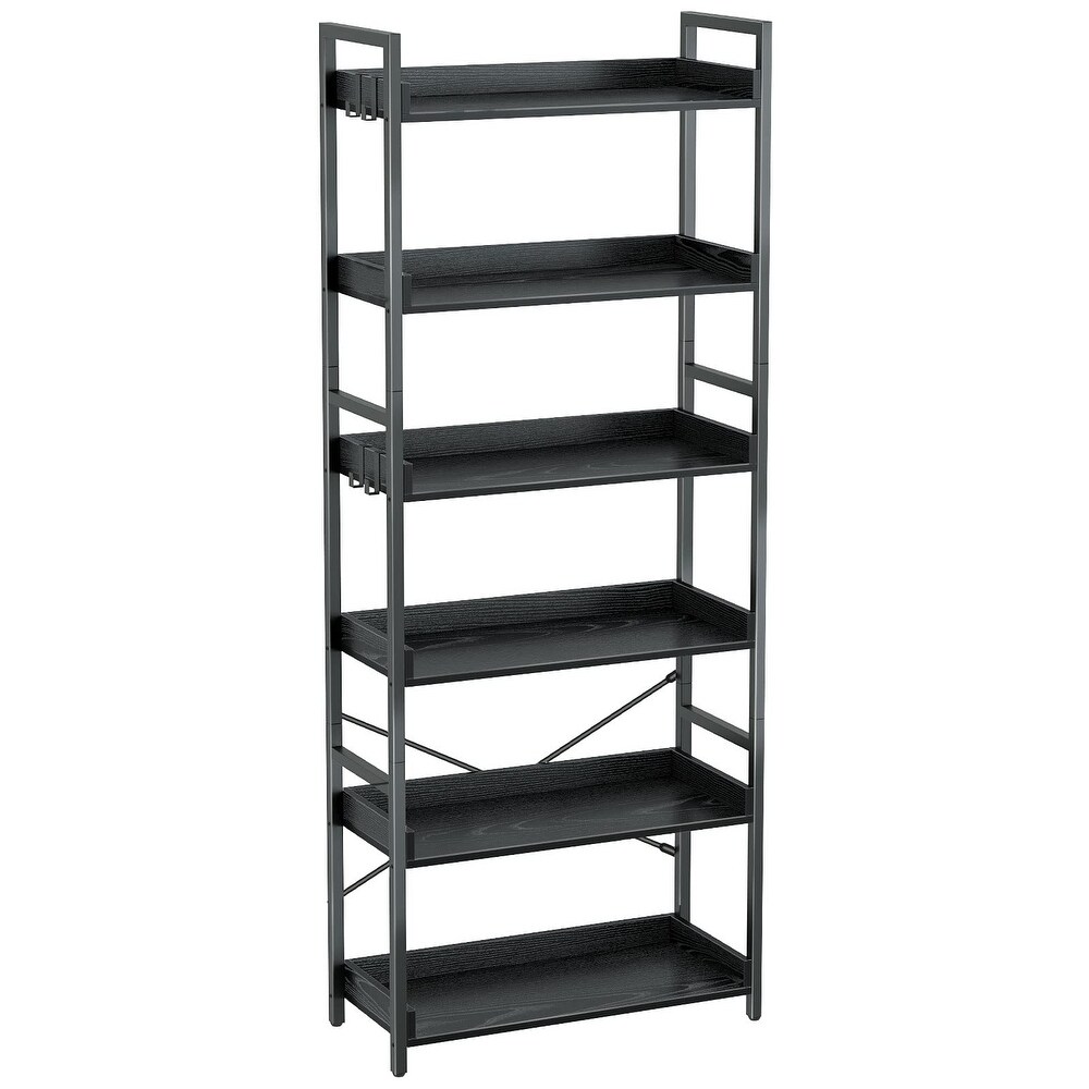 Bookshelf 6 Tier with 4 Hooks  Industrial Bookcase  Vintage Storage Rack with Open Shelves for Living Room  Bedroom