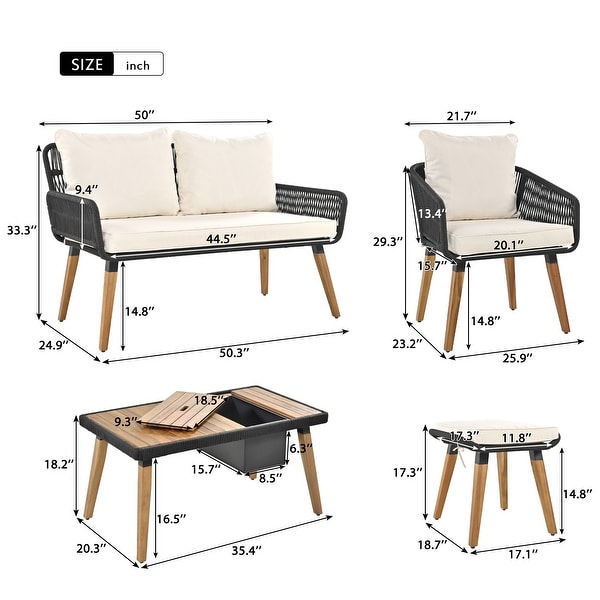 Deep Seat Patio Conversation Set with Two Stools for Backyard Porch Balcony，6Piece