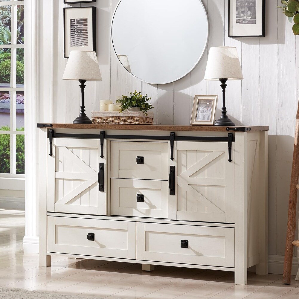 Dresser for Bedroom w/4 Drawers   Sliding Barn Doors  Chest of Drawers  Rustic Dresser TV Stand w/Shelf  Dresser Organizer