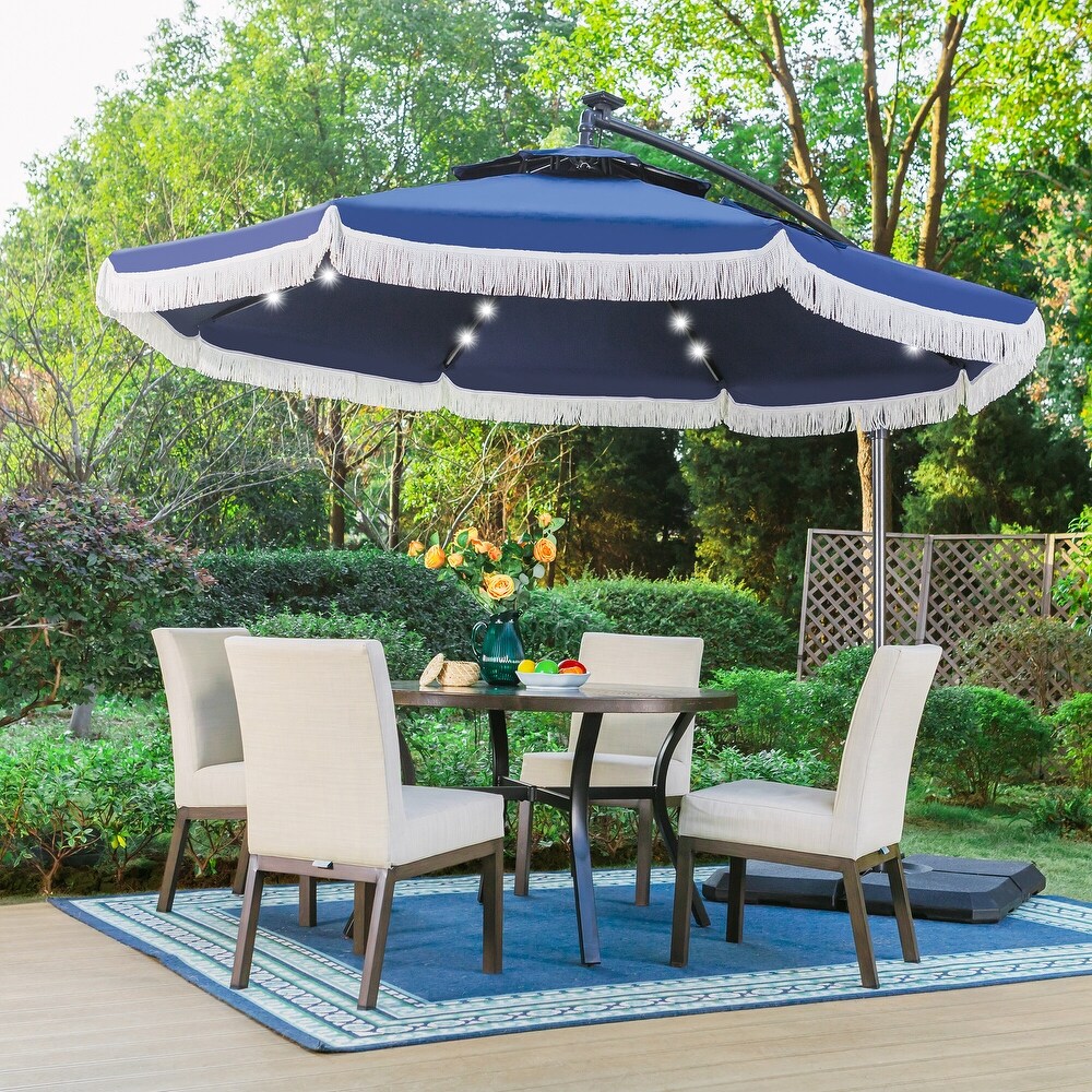 Outdoor 10Ft Double Top Crank Umbrella Patio Cantilever Umbrella with Fringe Tassel and LED Lights