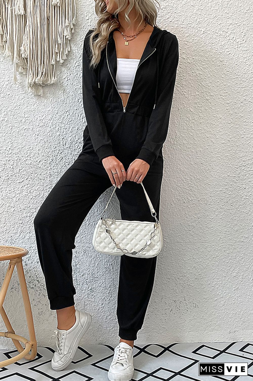 Black Zipper Hooded Sports Wear One Piece Jumpsuit