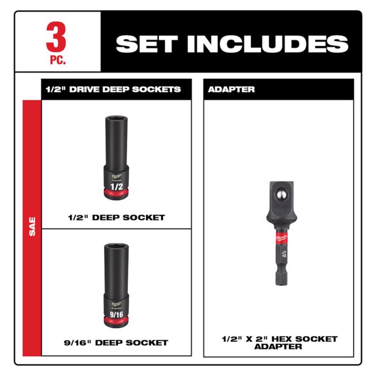 MW Shockwave 1/2 in. X 1/2 in. drive SAE 6 Point Style Deep Impact Socket Set 3 pc