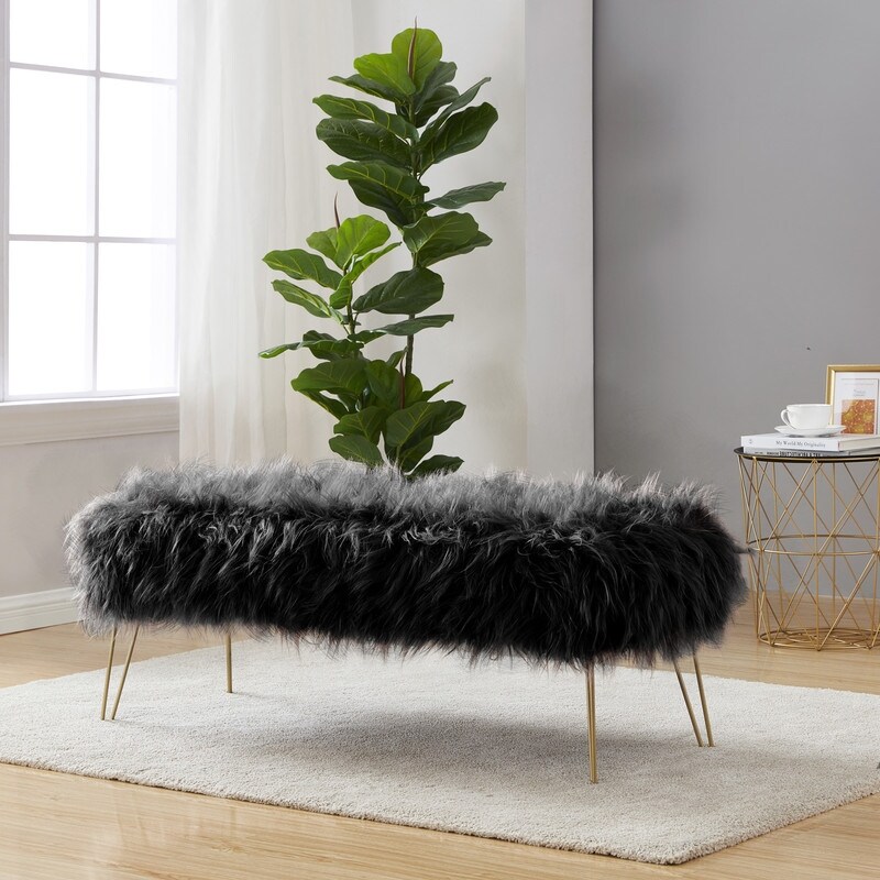 Silver Orchid Nilsson Contemporary Modern Faux Fur Long Bench Ottoman