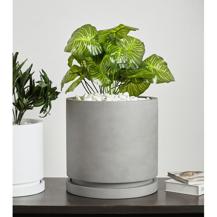 Indoor/Outdoor Large 1 Piece Nordic Minimalist Fiberstone Lightweight Round Planter Pot With Saucer   15  11 inch Matte Finish