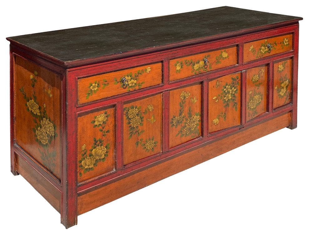 Chinese Tibetan Orange Red Yellow Flower Graphic Low TV Console Table Hcs7317   Asian   Console Tables   by Golden Lotus Antiques  Houzz