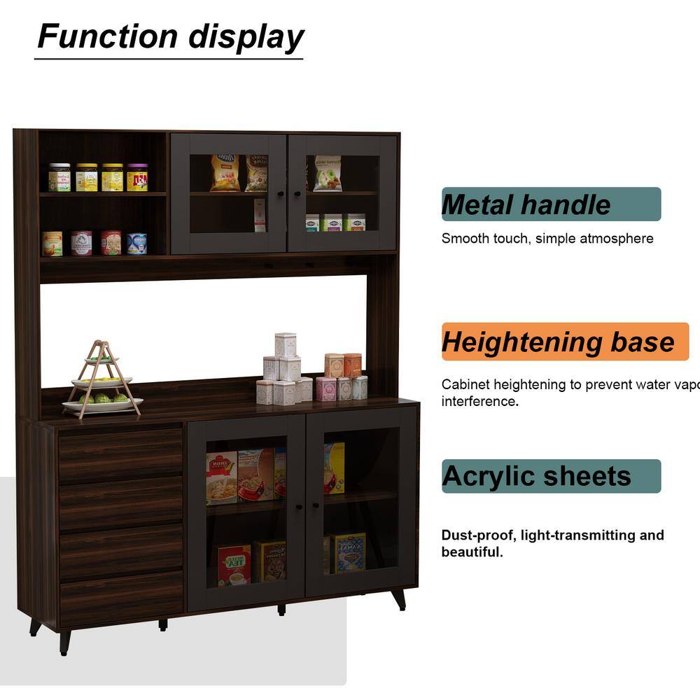 FUFUGAGA 63 in. L Brown Wood Kitchen Dining Food Pantries Sideboard with 4-Drawers Hooks Open Shelves Glass Doors KF210128-023-KPL-c