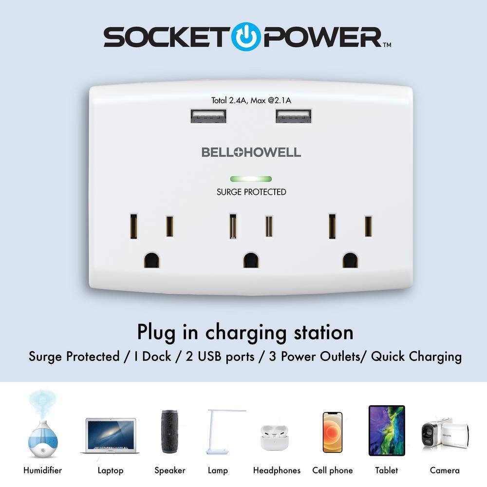 Bell + Howell Socket Power 3 Power-Outlets2 USB Ports Surge Protection Wall Adapter Tap with Docking Shelf 8531