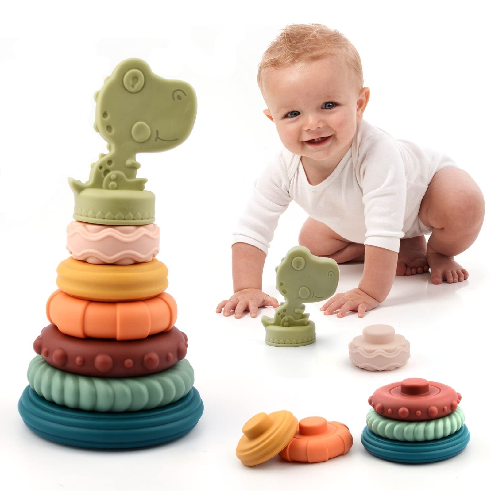 7Pcs Dinosaur Baby Stacking Toys， Nesting Circle Toy Soft Building Rings Stacker and Teethers Squeeze Play with Early Educational Toy for 6 9 12 15 18 Months Baby Toddler Boys Girls