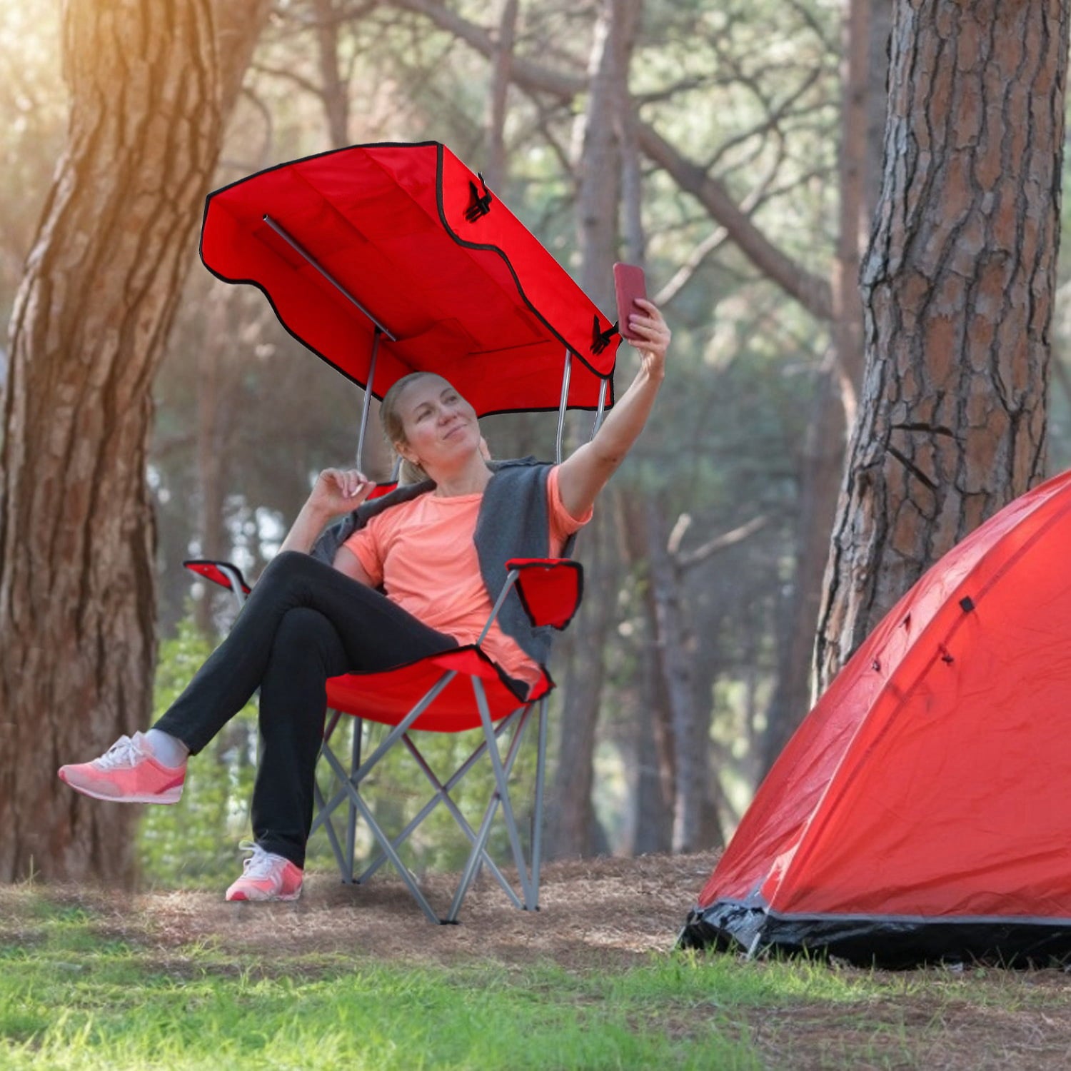 Beach Chair with Canopy Shade， iMountek Folding Canopy Camping Sports Chair， Red