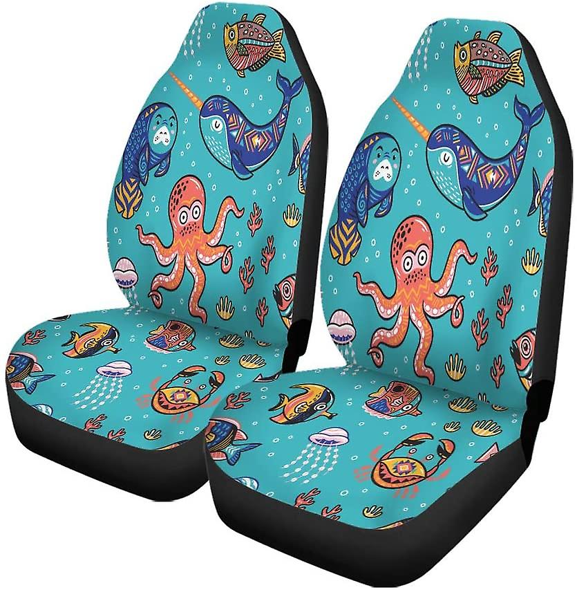 Set Of 2 Car Seat Covers Underwater World Octopus Dolphin Universal Auto Front Seats Protector Fits For Car，suv Sedan，truck