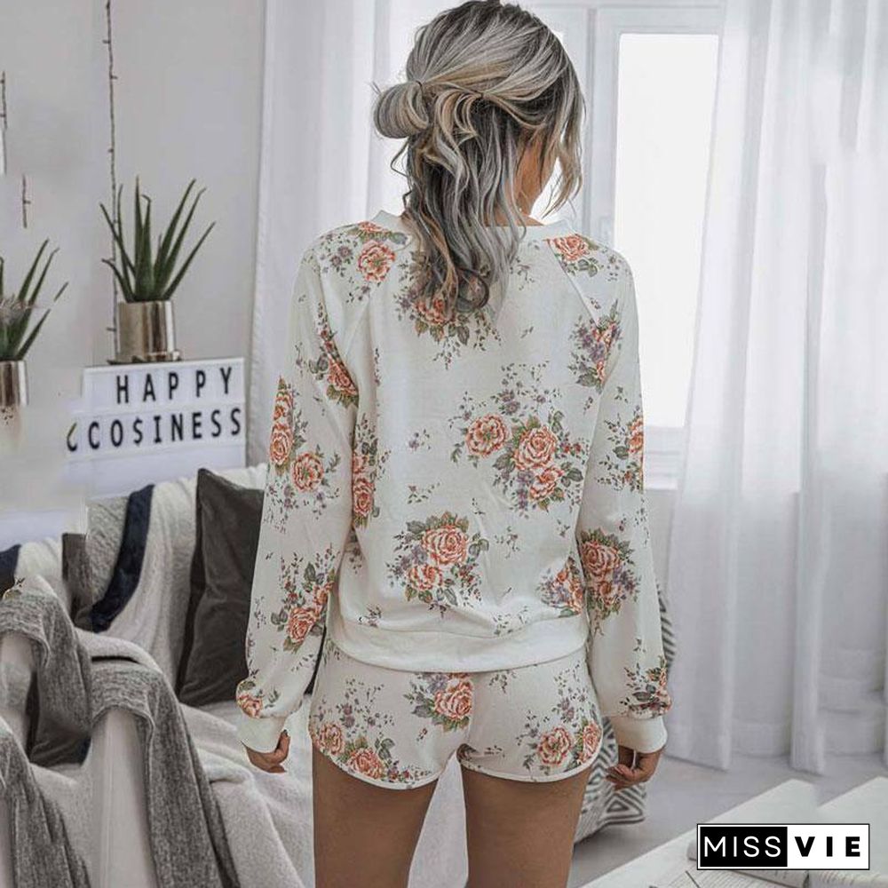 Flower Print Sweat Suits Women Two Piece Set Home Ladies Tracksuits Long Sleeve Top and Pant Mini Shorts Sexy Set Sweatsuit