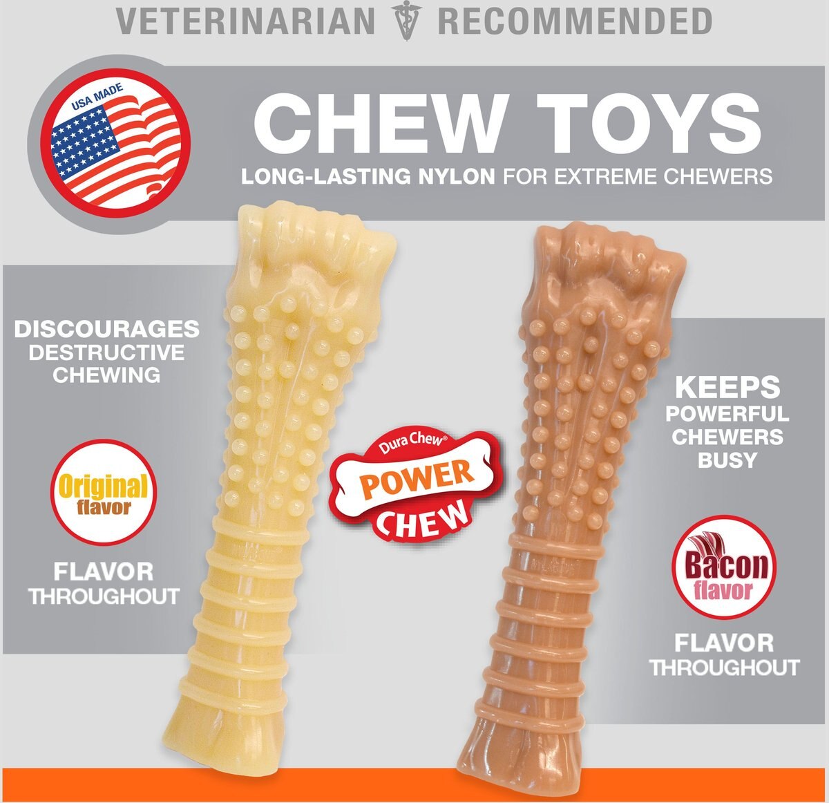 Nylabone Power Chew Aggressive Chewers Original and Bacon Flavors Dog Chew Toys， 2 count