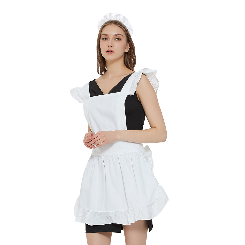 Toptie White Apron for Women with Headband， Christmas Cotton Kitchen Aprons， Maid Dress Up Costume