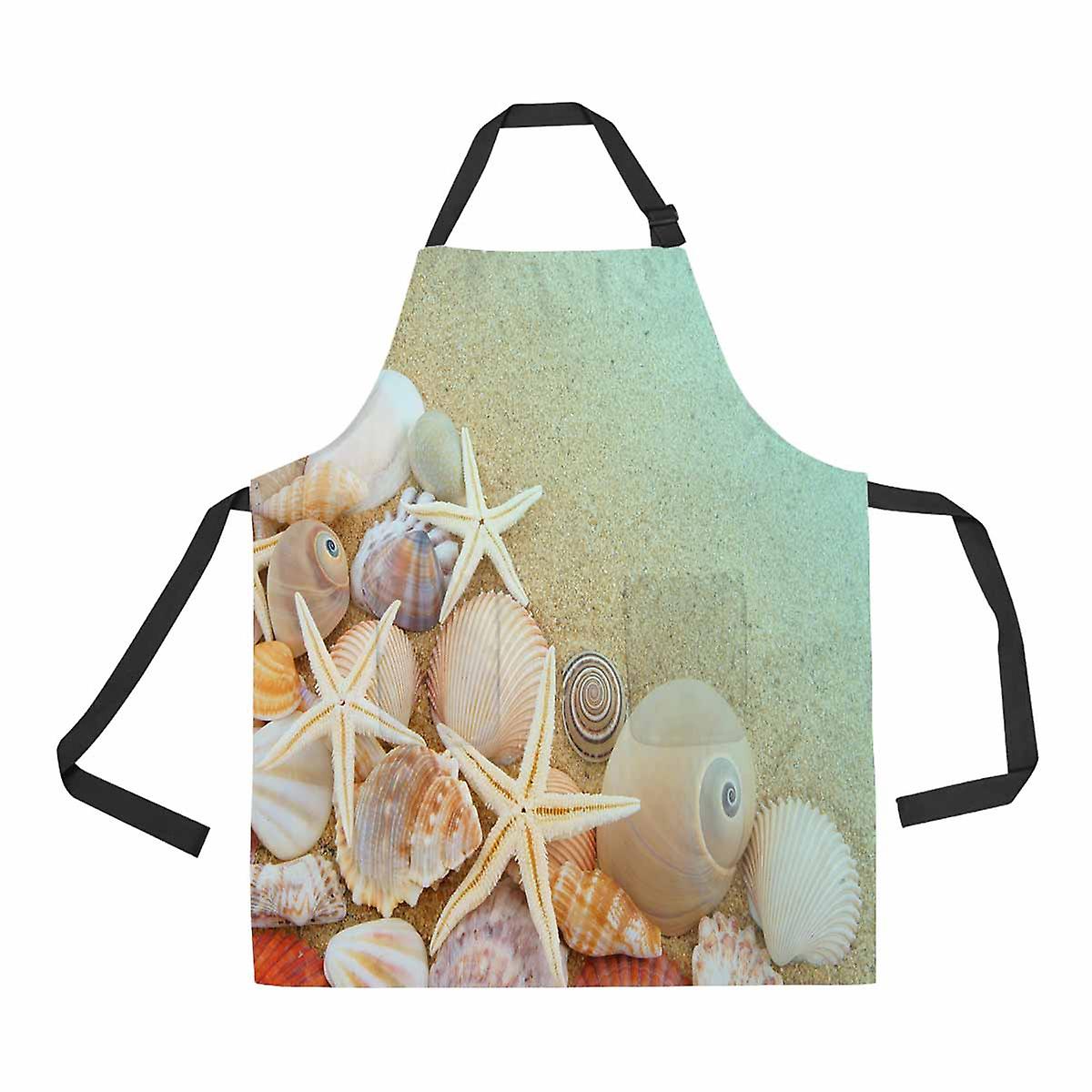 Starfishes Seashells Sandy Beach Unisex Adjustable Bib Apron With Pockets For Commercial Restaurant And Home Kitchen Use