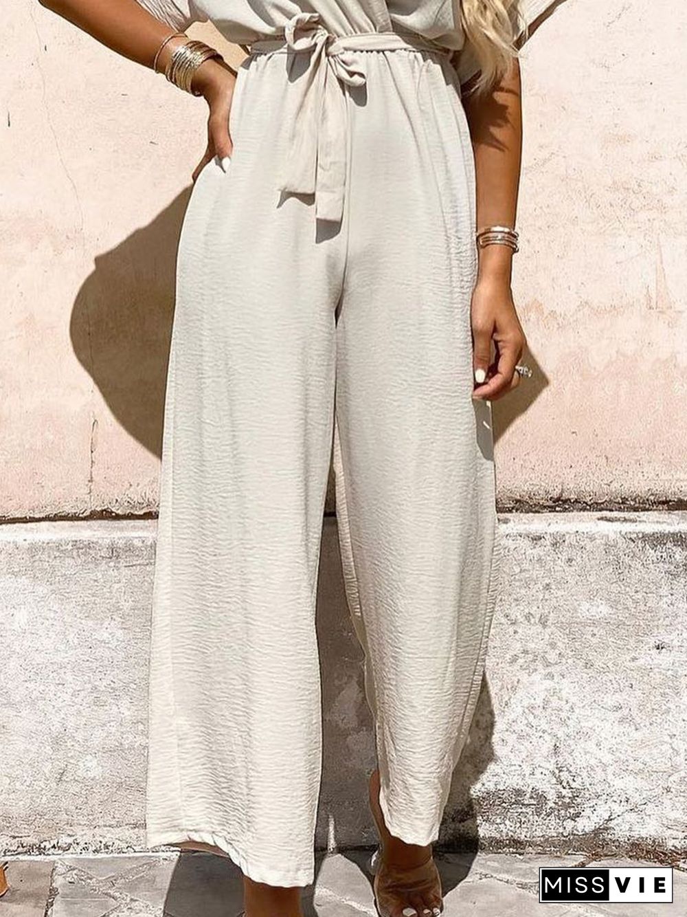 Plain Lace-up V Neck Plus Size Casual Jumpsuit