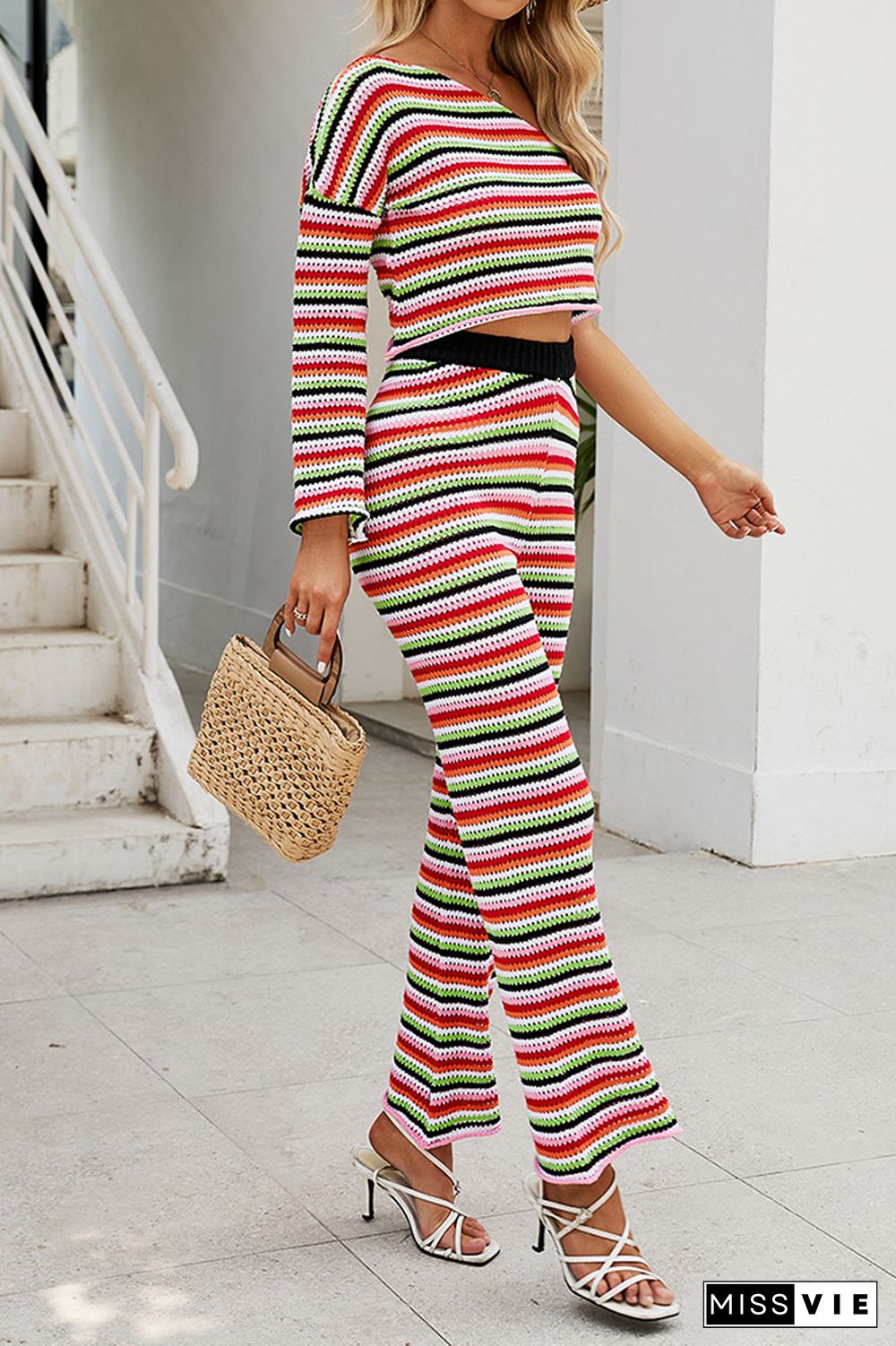 Multi Color Stripes One Shoulder Top and Flare Pants 2PCS Knitting Set