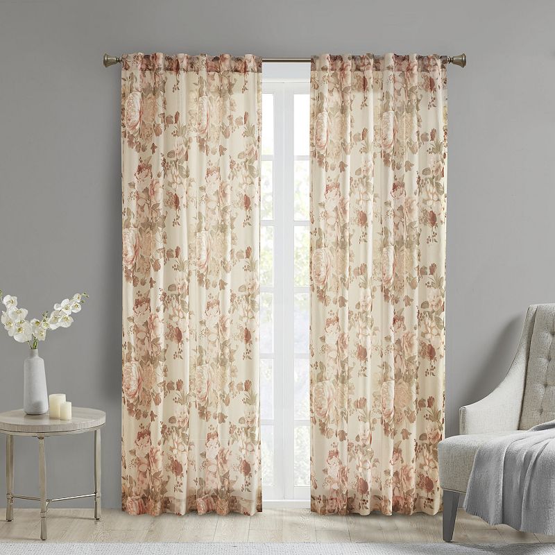 Madison Park Abelia Printed Floral Rod Pocket and Back Tab Voile Sheer 1 Window Curtain Panel