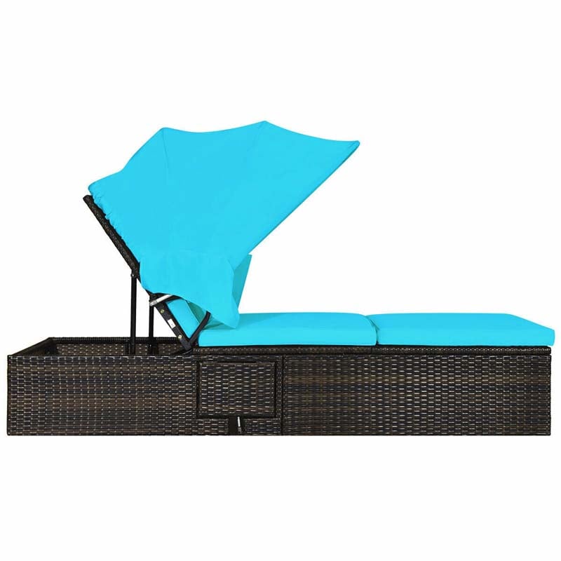 Cushioned Rattan Outdoor Chaise Lounge Chair Sun Lounger 5-Position with Folding Canopy & Flip-up Tea Table