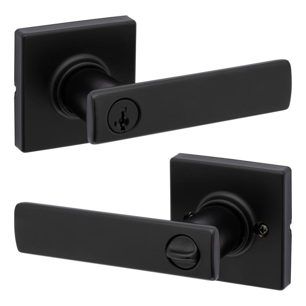 Kwikset Breton Square Matte Black Keyed Entry Door Handle Featuring SmartKey Technology and Microban 405BRNLSQT514SM