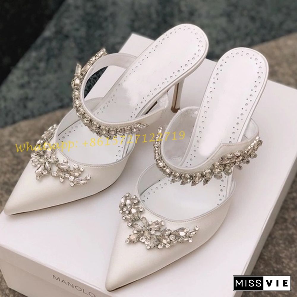 Pointy Toe Crystal Mules Slippers Women Luxury Summer Blue Party High Heels Slippers Sexy Outfit New Arrival Ankle Wrap Shoes