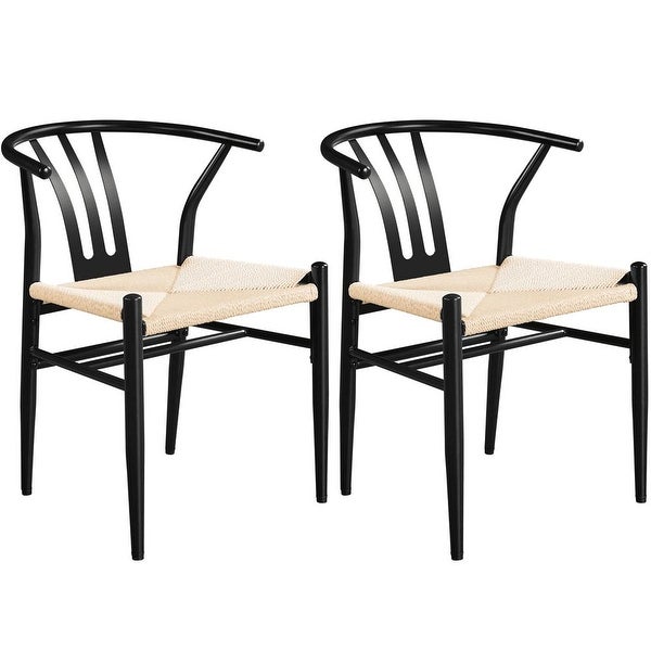 2PCS Weave Modern Dining Chair with Metal Frame， Black