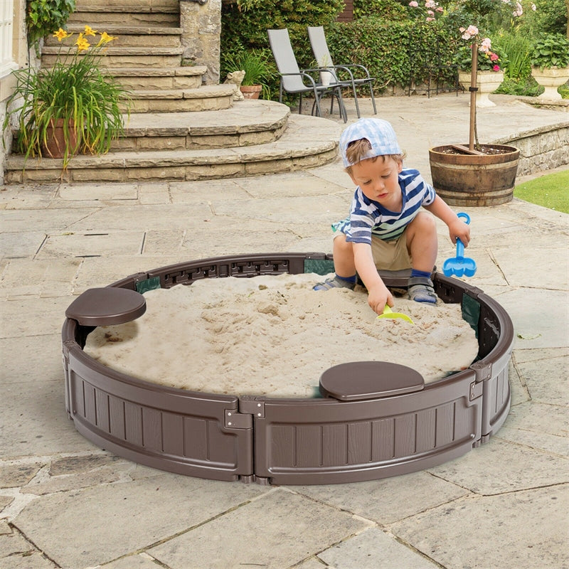 Kids Outdoor Playset Sandbox with Cover Detachable Corner Seats Bottom Liner - Round