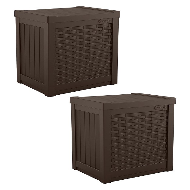 Suncast 22 Gallon Indoor Or Outdoor Backyard Patio Small Storage Deck Box With Attractive Bench Seat And Reinforced Lid Java 2 Pack