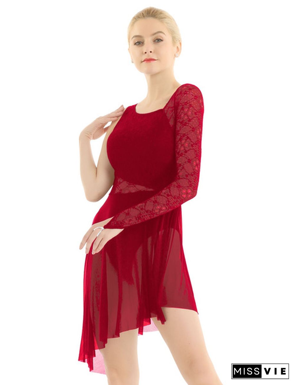 Women Lyrical Dance Costume Dress Cut Out Asymmetric Lace Mesh Skirt Leotard Ballet Bodysuit