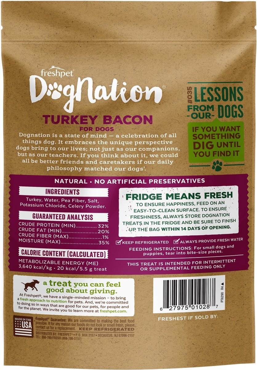 Freshpet Dognation Turkey Bacon Grain-Free Fresh Dog Treats， 3-oz bag， case of 6