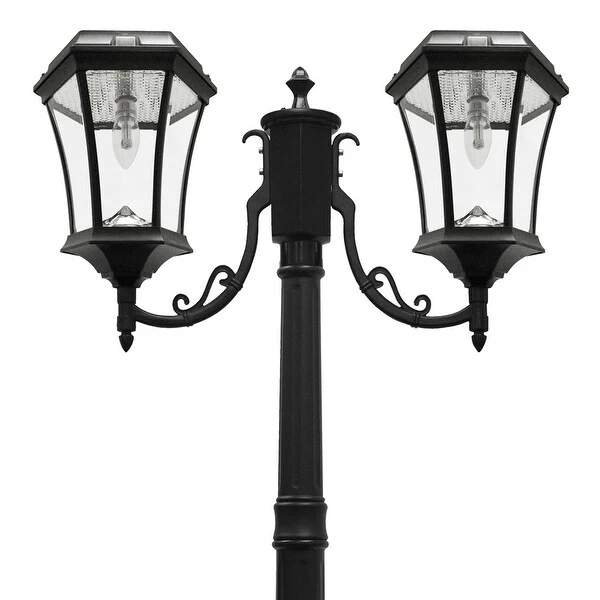 Victorian Bulb Double Headed Solar Lamp Post - Black Finish