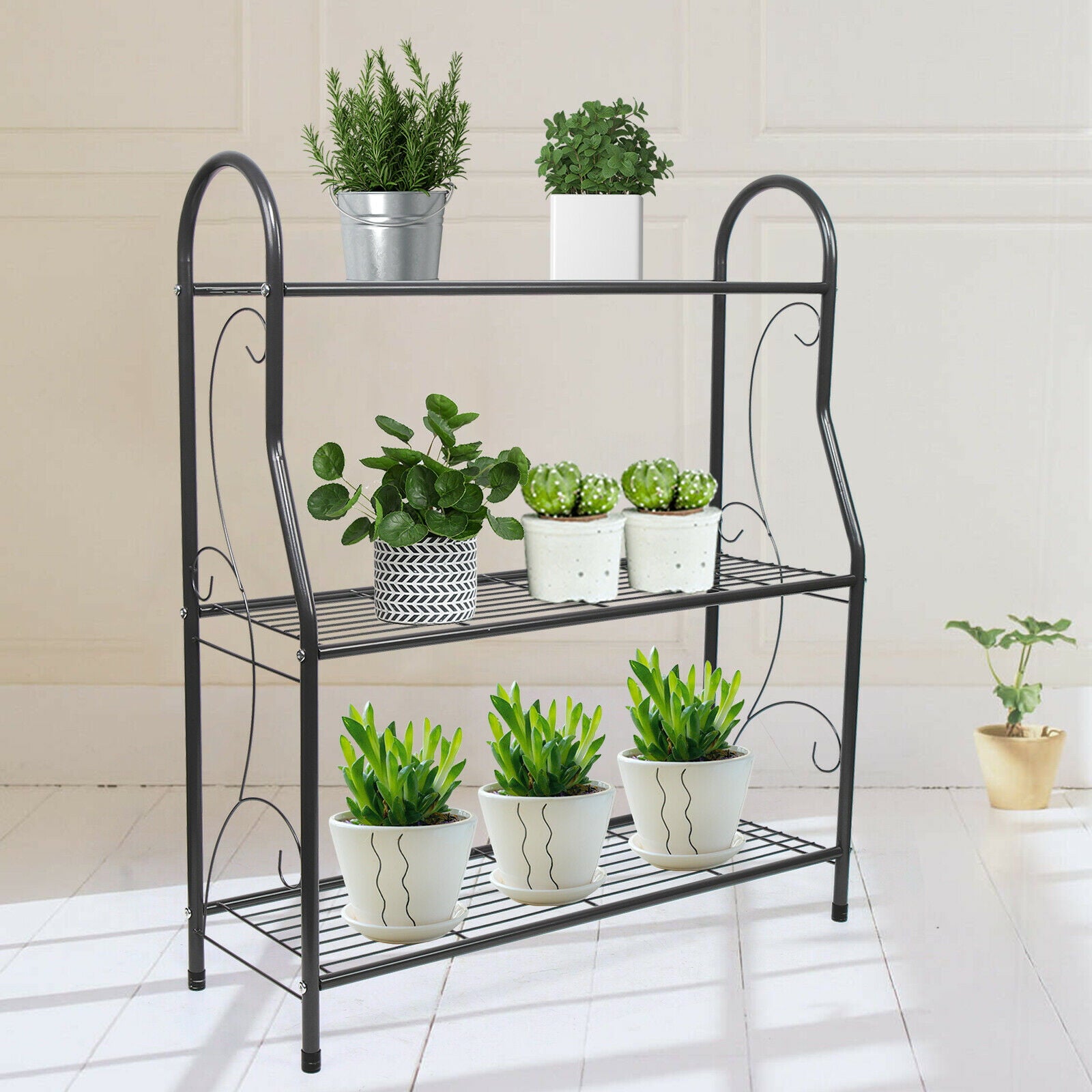 3 Tier Metal Flower Pot Plant Stand Rack Corner Shelves