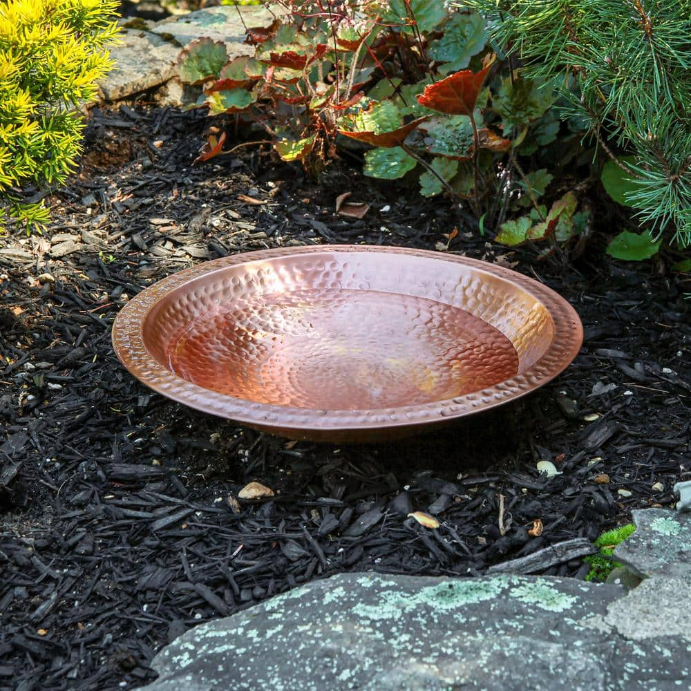 ACHLA DESIGNS 14 in. W Round Satin Hammered Solid Copper Birdbath Bowl with Rim， Garden Accent， Outdoor Accessory BBHC-03