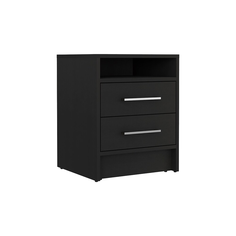 Wooden Nightstand with Two Drawers and Metal Handles
