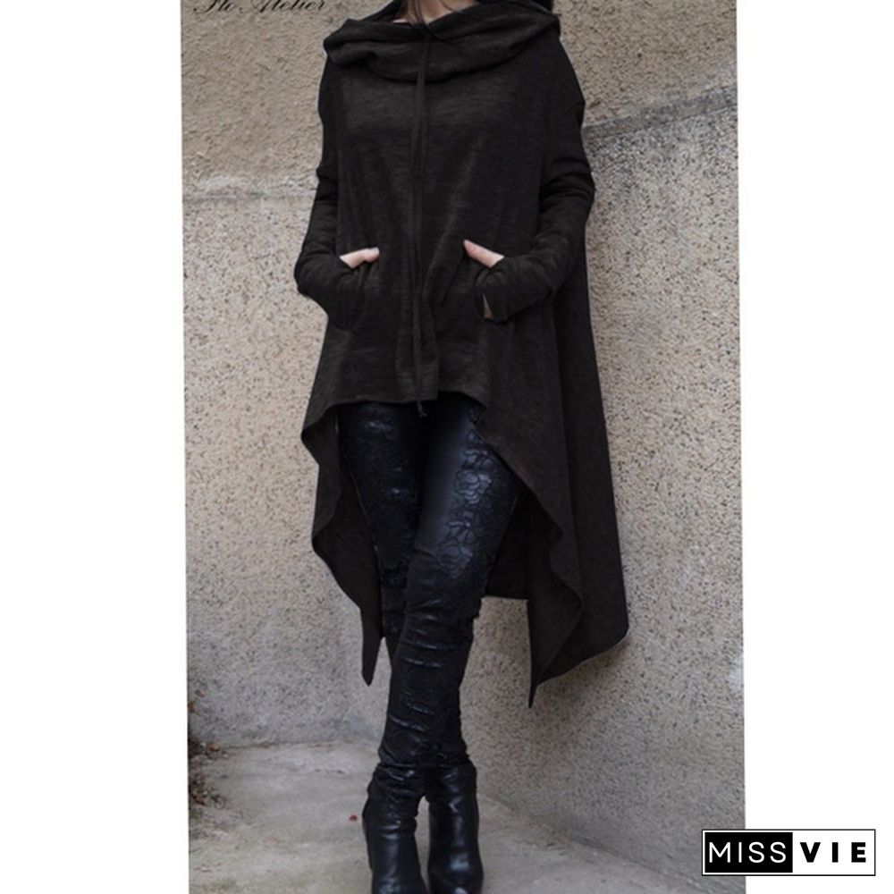 Womens Solid Color Draw Cord Coat Long Sleeve Loose Casual Long Hoodies Sweatshirts Poncho Coat Hooded Pullover