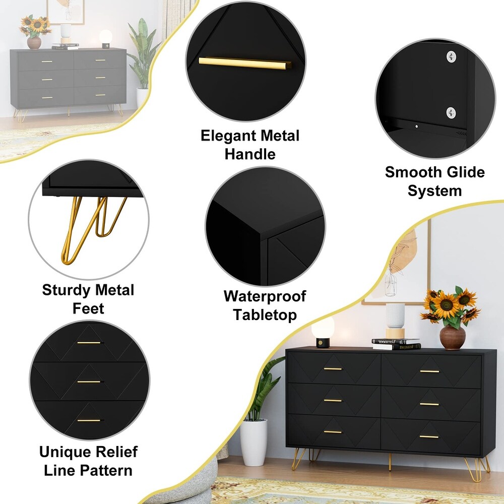 Black Dresser for Bedroom  Modern Dresser for Bedroom  6 Drawer Double Dresser with Drawers and Metal Handles  Wood Dressers