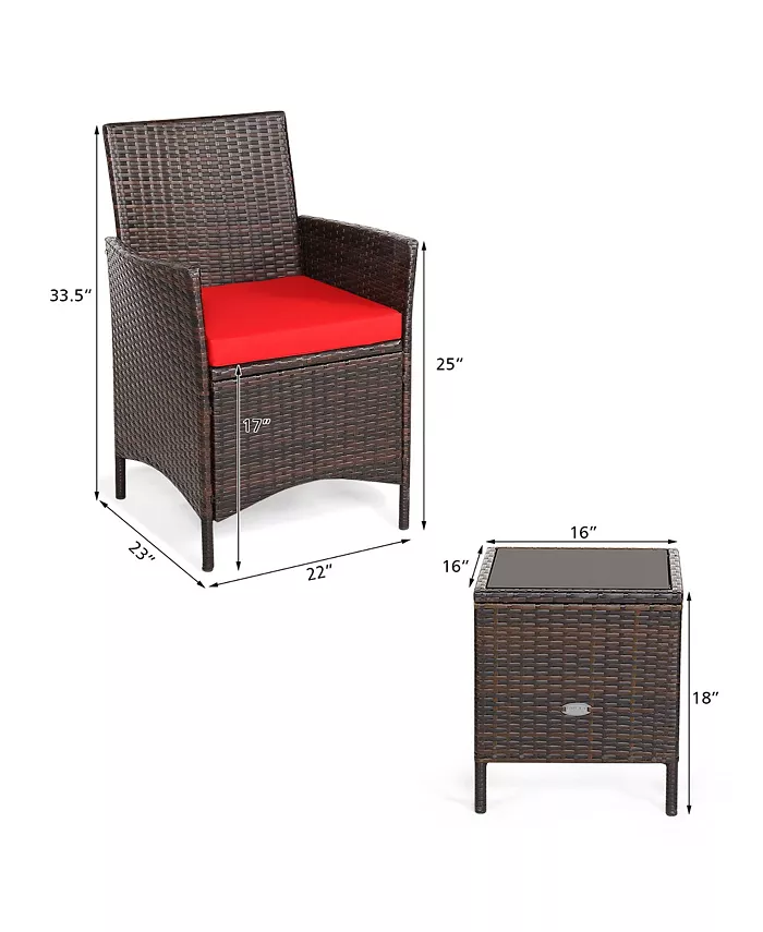 Costway 3PCS Patio Rattan Furniture Set Cushioned Sofa Glass Tabletop Deck