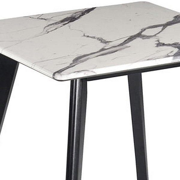 Square Faux Marble Top End Table with Angled Wooden Legs， White - 21.75 H x 23.5 W x 23.5 L Inches