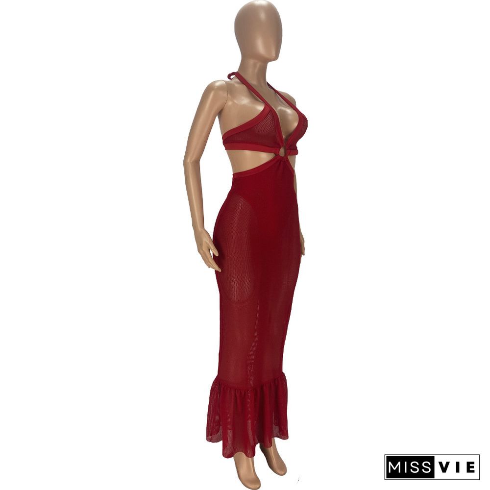 Mesh See Though Hollow Halter Backless Maxi Dresses