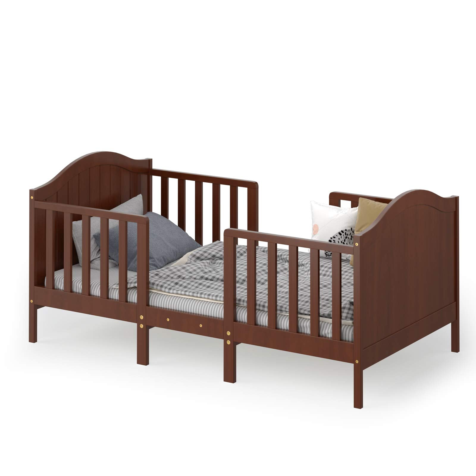 Classic Wood 2 in 1 Children Bed Frame w/2-Side Guardrails & Footboard