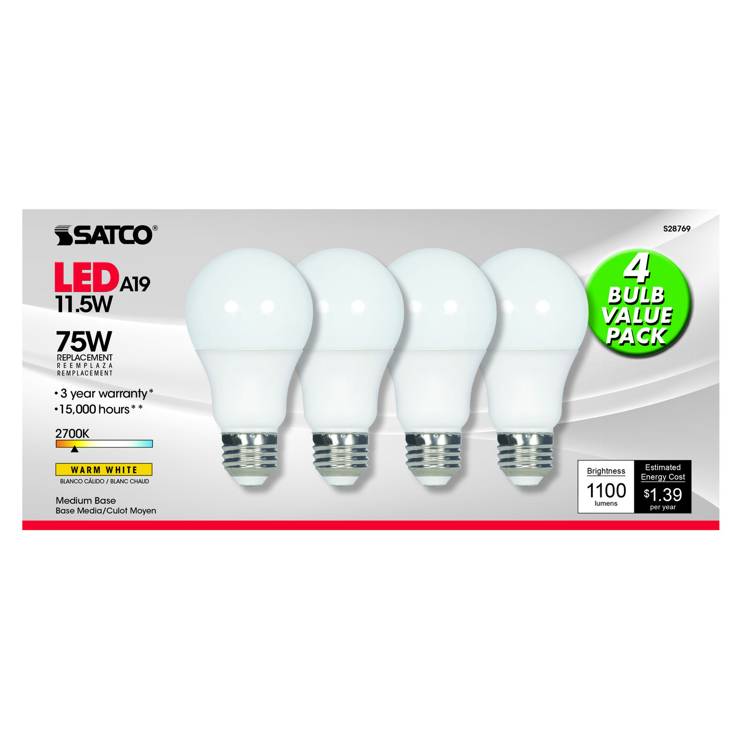 Satco Type-A A19 E26 (Medium) LED Bulb Warm White 75 Watt Equivalence 4 pk