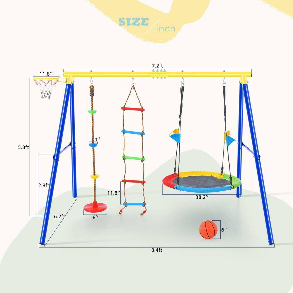 TIRAMISUBEST 4 in 1 Outdoor Swing Set with Climbing Ladder and Basketball Hoop for Kids MSXY296182AAA