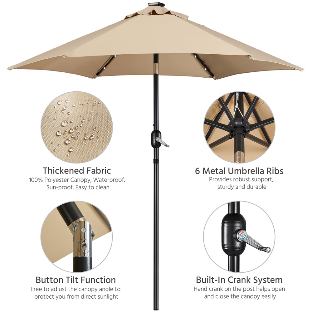 Easyfashion 7.5ft Patio LED Umbrella Garden Table Umbrella, Tan