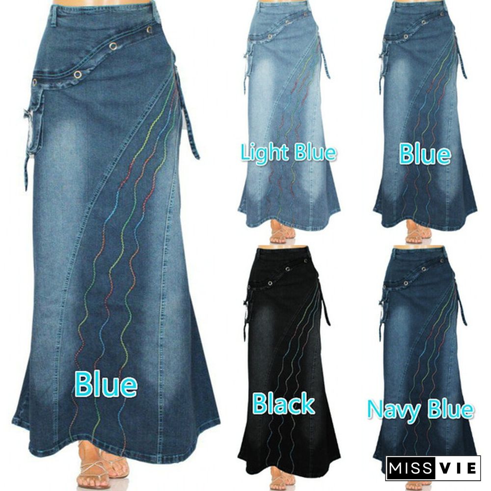 Women Fashion Casaul Stretch Cargo Denim Skirt Bell Skirt Floor Length Washed Denim Jeans Skirt Plus Size