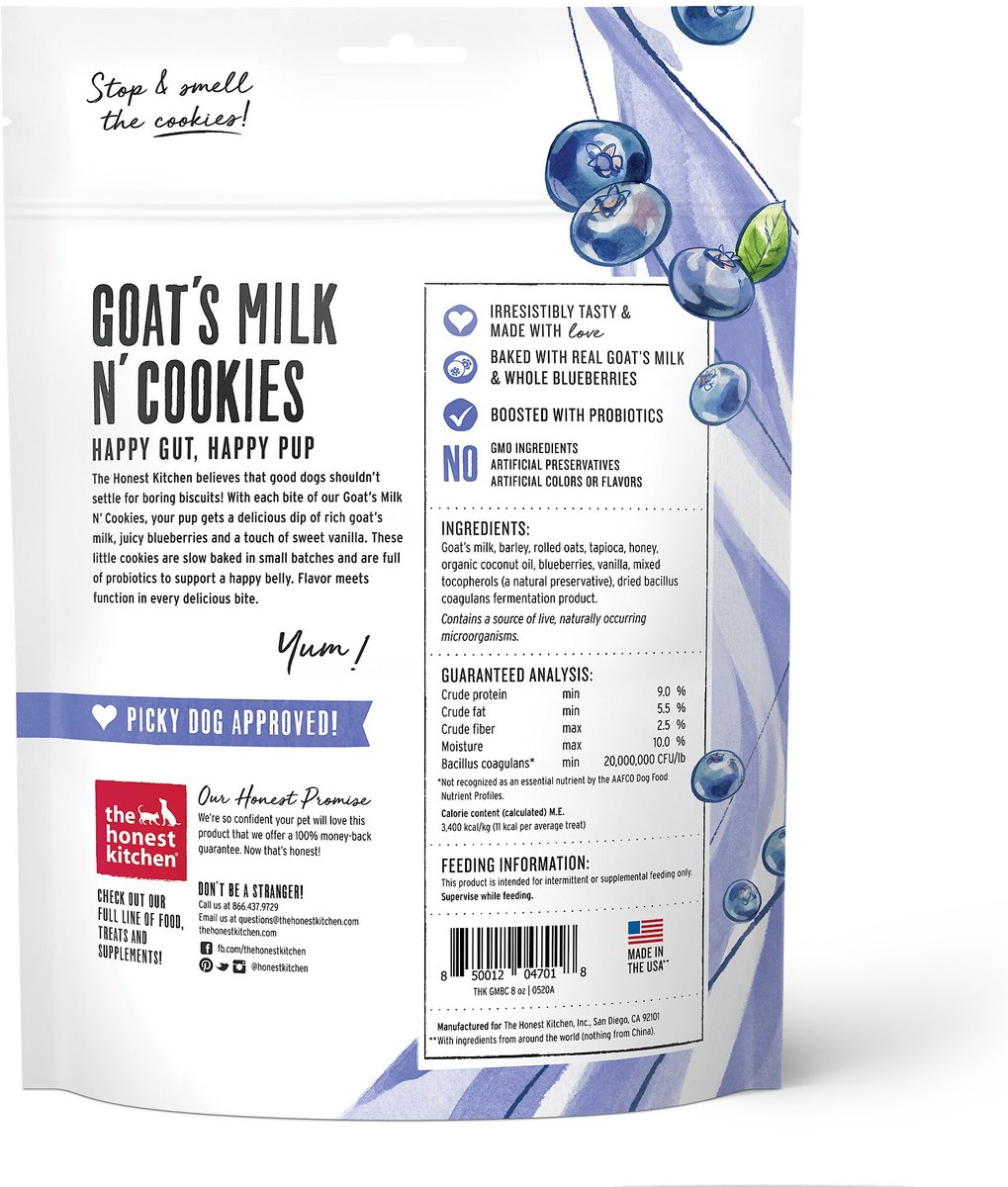 The Honest Kitchen Goat's Milk N' Cookies Slow Baked With Blueberries and Vanilla Dog Treats， 8-oz bag