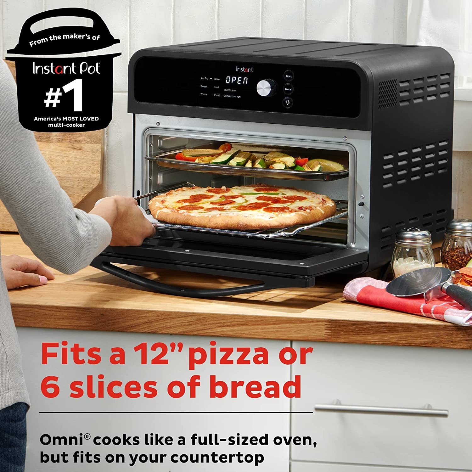 Instant Omni Air Fryer Toaster Oven Combo 19 QT/18L， From the Makers of Instant Pot， 7-in-1 Functions， Fits a 12 Pizza Oven， 6 Slices of Bread， App with Over 100 Recipes， Black Finish