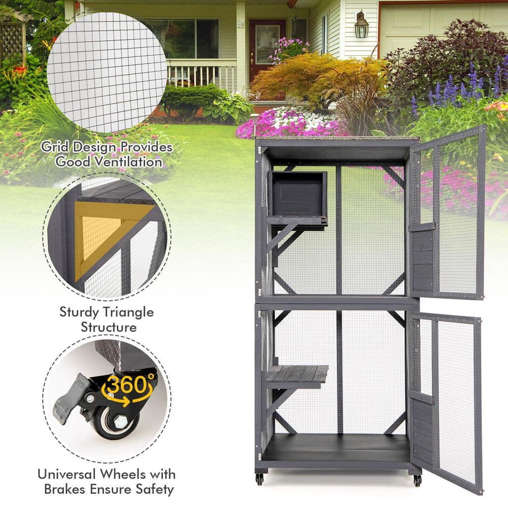 ANGELES HOME Outdoor Cat House Enclosures On Wheels Kitten Cages with Resting Box 8CK-10003PVGR