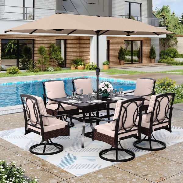 MAISON ARTS 8Piece Black Metal Outdoor Dining Set with Beige Cushions and Umbrella