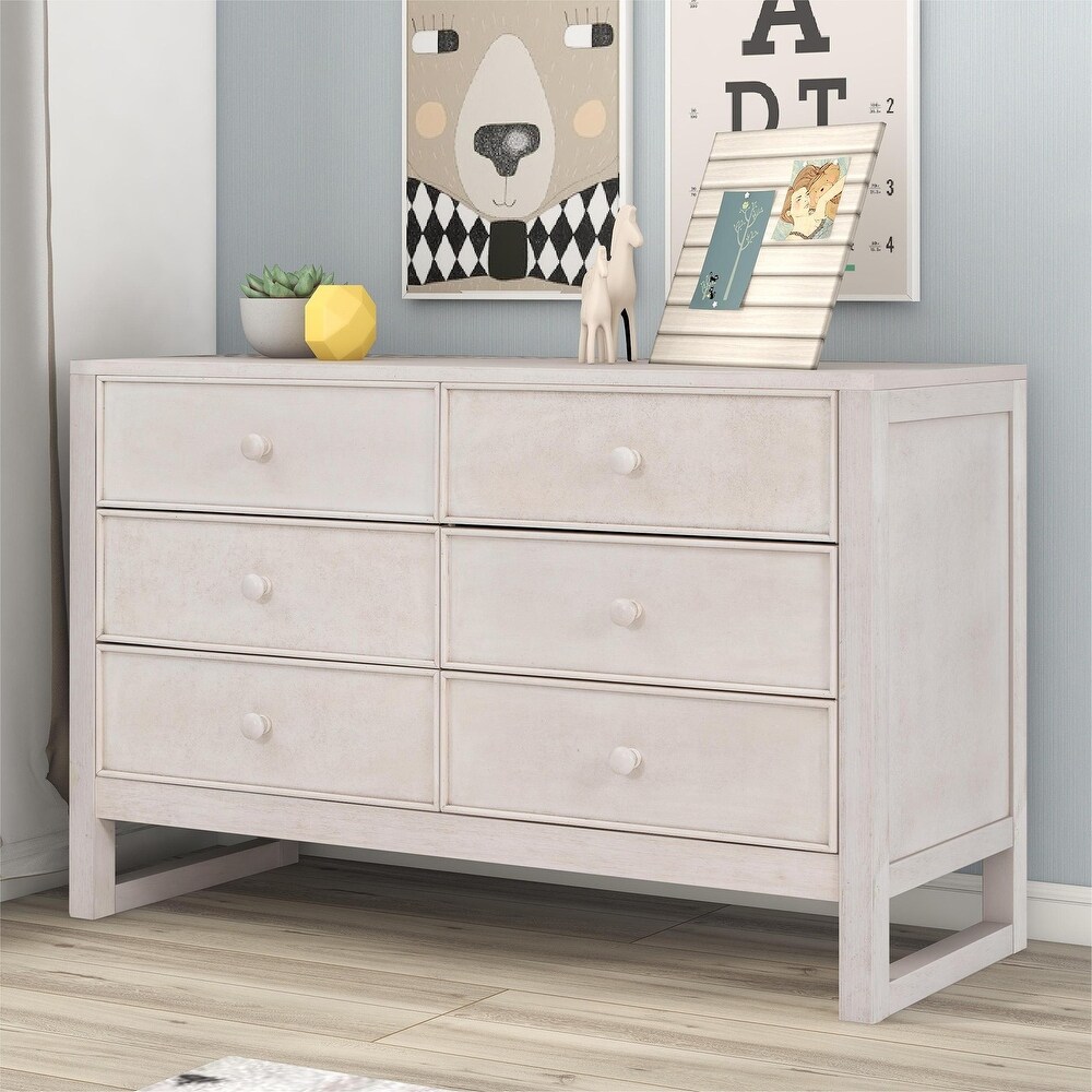 Rustic Wooden Dresser with 6 Drawers Storage Cabinet for Bedroom Anitque White