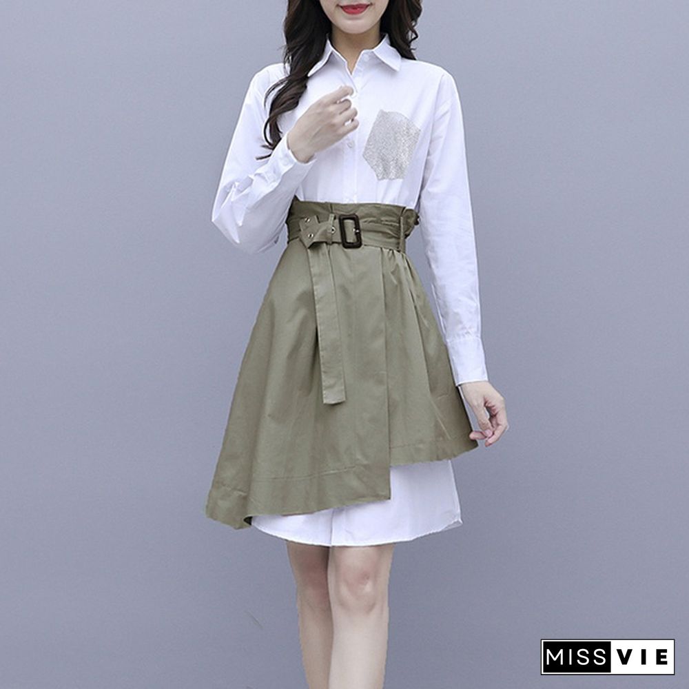 White Shirts Long Sleeve Dress Set Turn Down Collar Blouse + Irregular Skirt Women Fashion Outfits Office 2 Piece Set